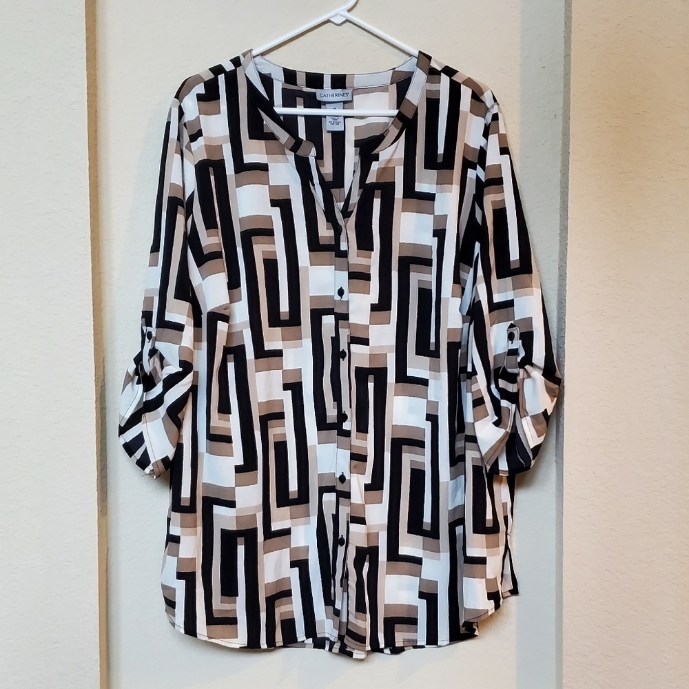 Catherine's 1X Blouse Button-front 3/4 Sleeve Roll Tab Black White Black Tan